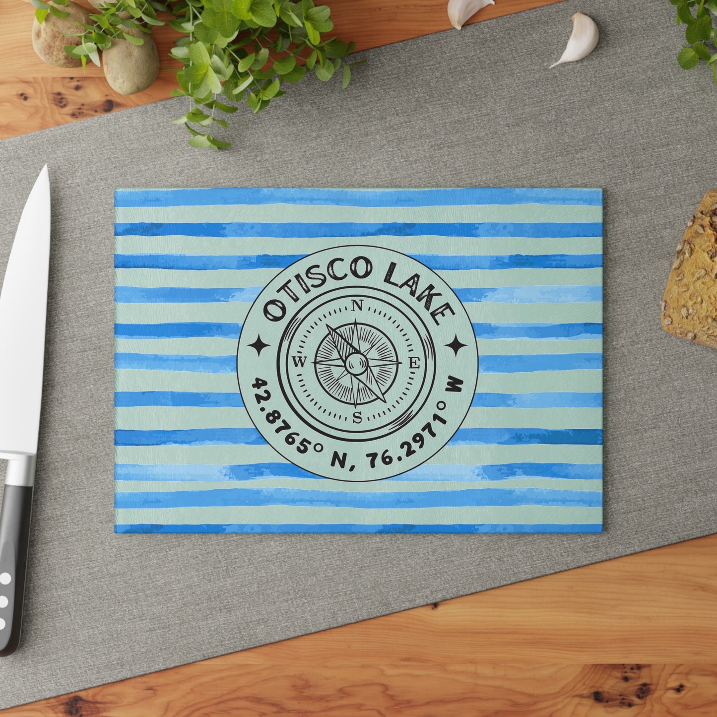 Otisco Lake Blue Cabana Stripe Glass Cutting and Charcuterie Board