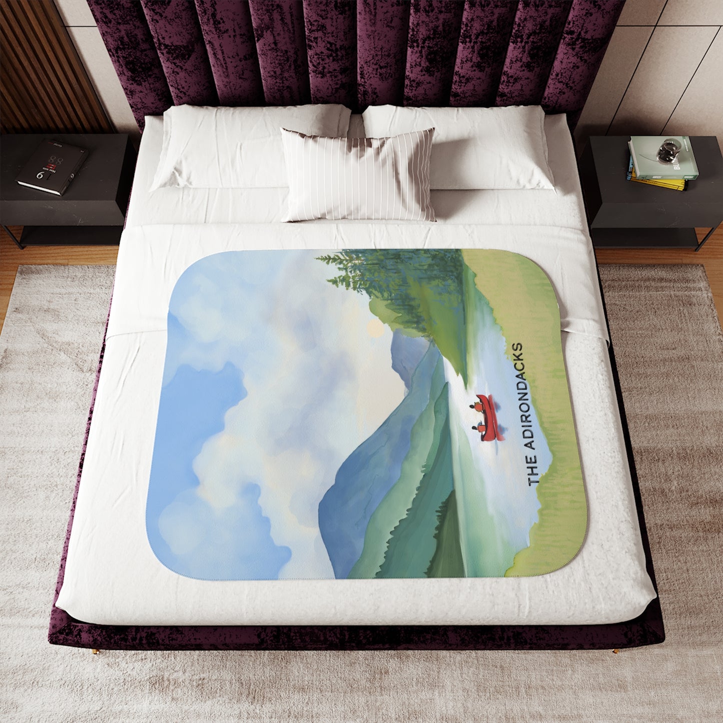 Red Canoe, Adirondack Park, Double Layer Sherpa Blanket - Hand Painted Design - Made in the USA