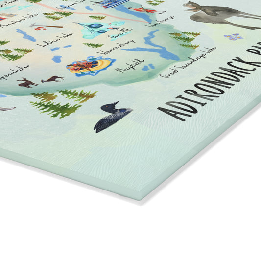Adirondack Park, Hand Painted Map - Glass Cutting and Charcuterie Board - Perfect for Home Chefs and Outdoor Enthusiasts - Made in the USA