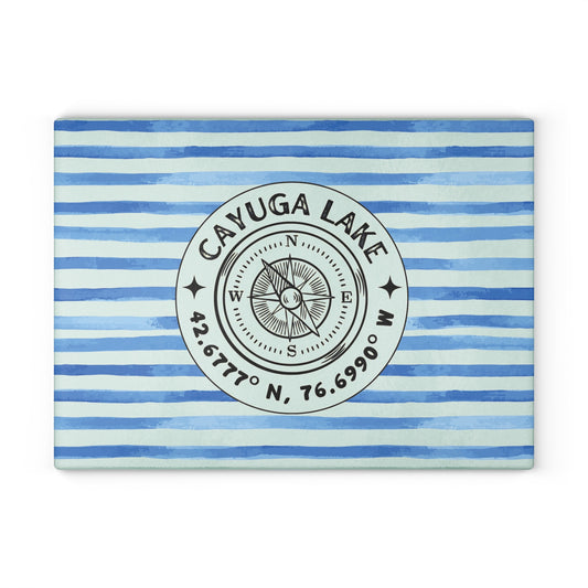 Cayuga Lake Blue Cabana Stripe Glass Charcuterie and Cutting Board