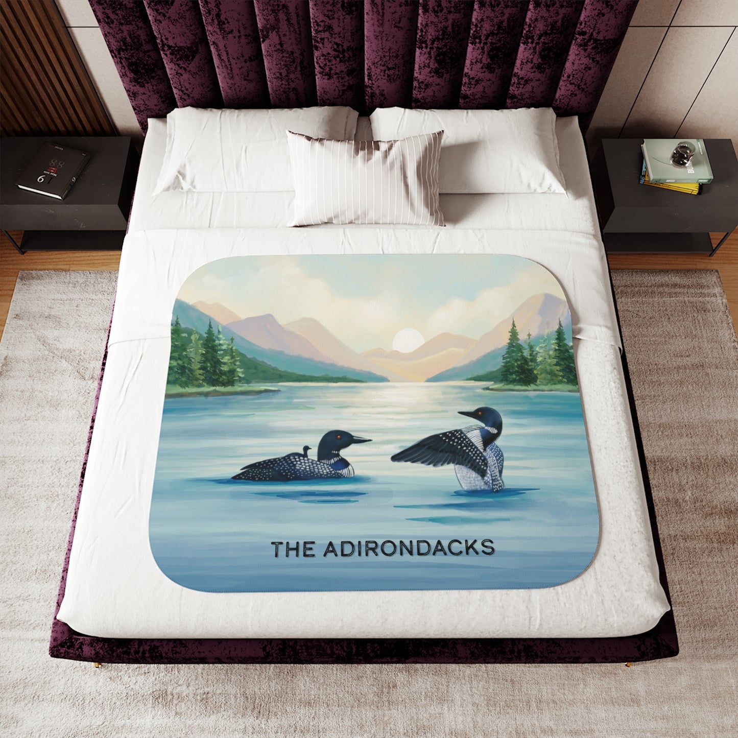 Adirondack Park, Loon Family, Double Layer Sherpa Blanket - Hand Painted Design - Made in the USA