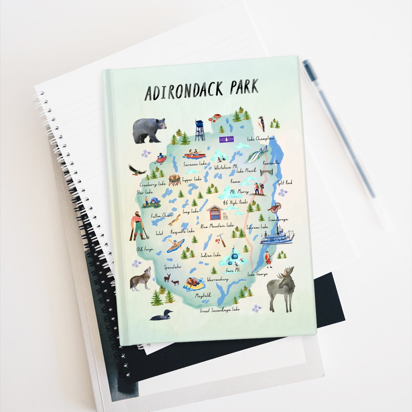 Adirondack Park Watercolor Map Illustrated Journal - Explore Nature and Adventures - Made in the USA