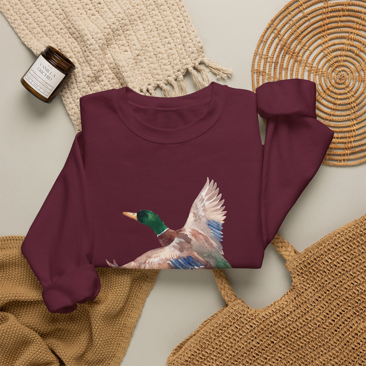 Mallard Flight Crewneck Sweatshirt — Flying Duck Nature Graphic