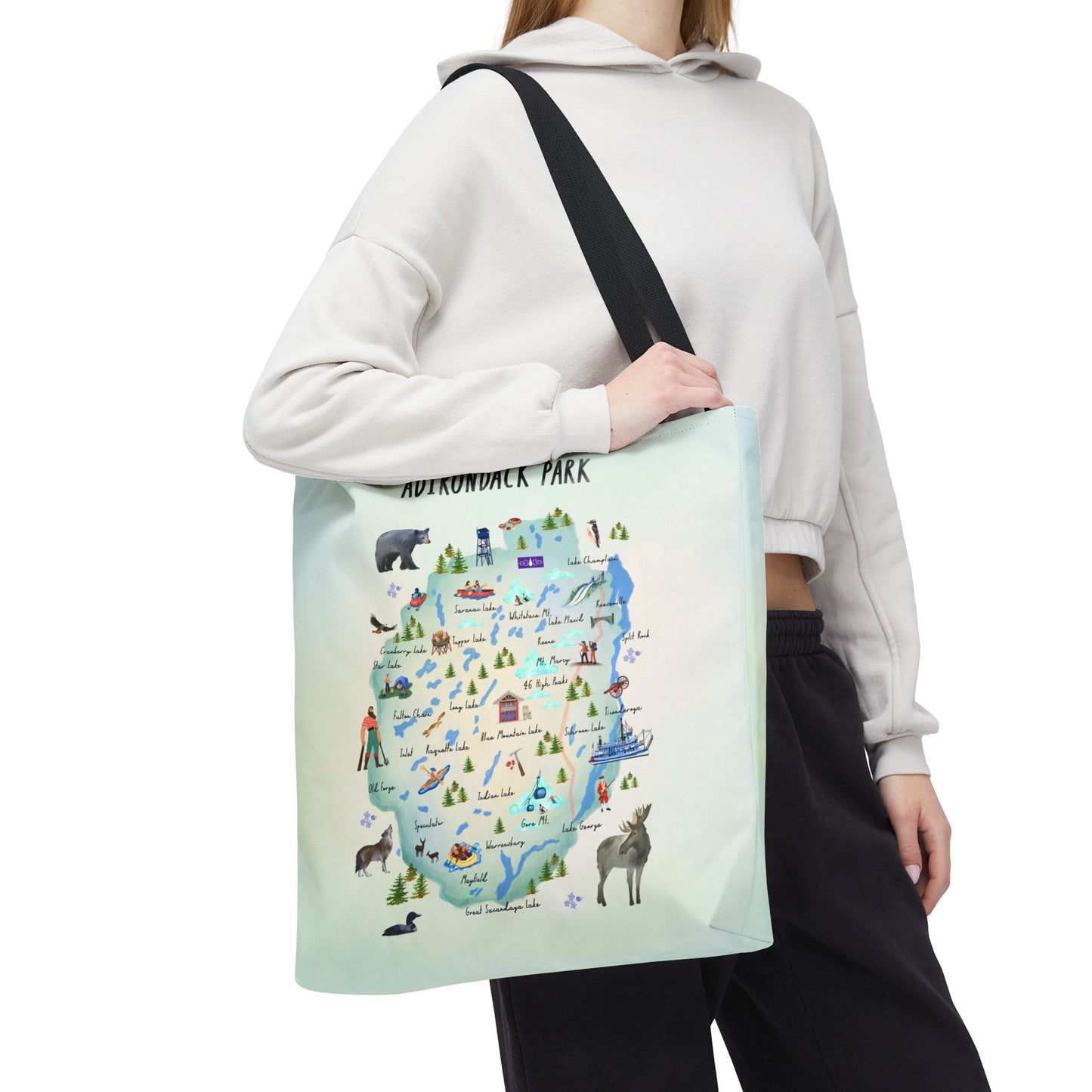Adirondack Map Watercolor Landmarks, Animals, Towns and Lakes, Tote Bag – Eco-Friendly Nature Lover's Bag - Made in the USA