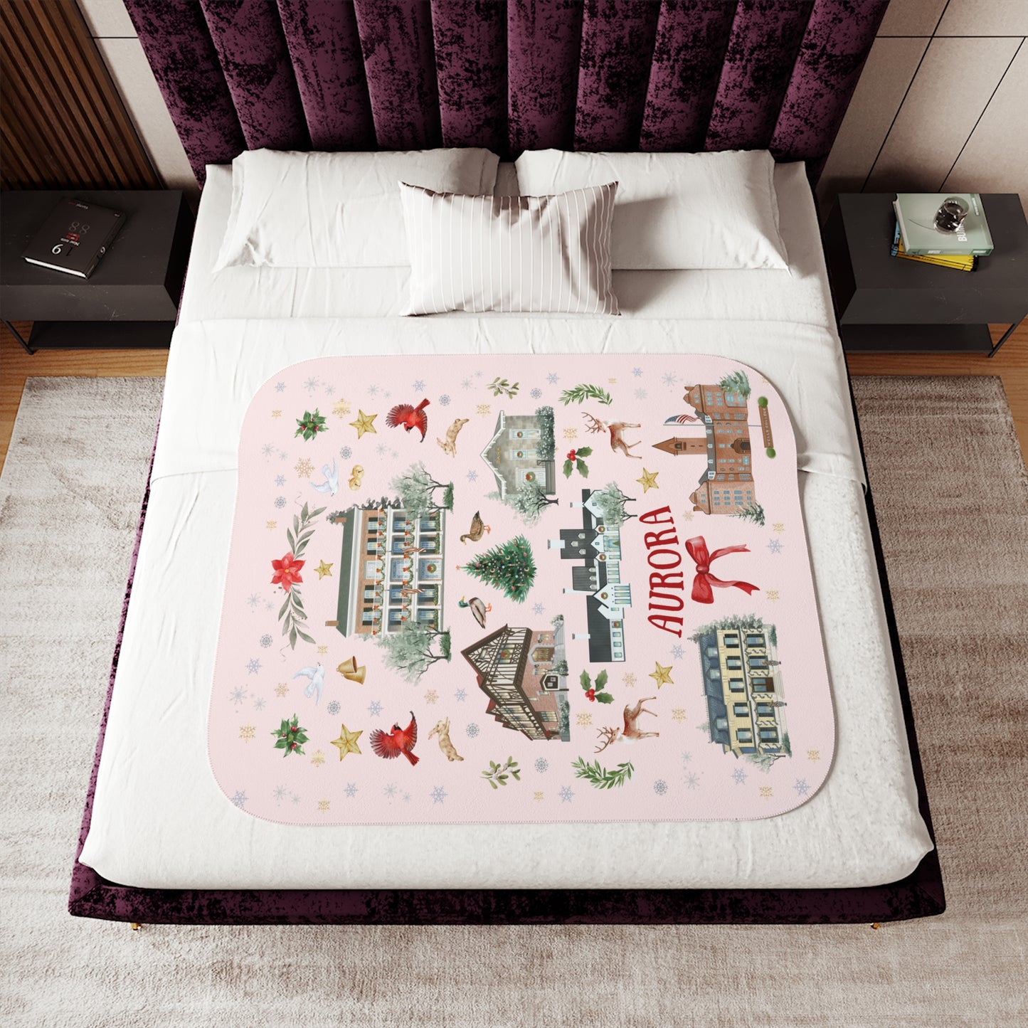 Aurora Folk Art PINK Christmas Double Layer Sherpa Blanket