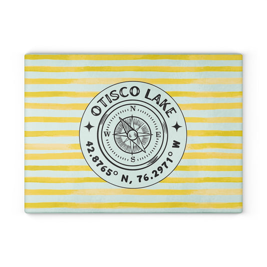 Otisco Lake Yellow Cabana Stripe Glass Cutting and Charcuterie Board