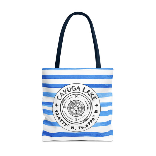 Cayuga Lake NY Compass, Blue Cabana Stripe, XL Tote Bag