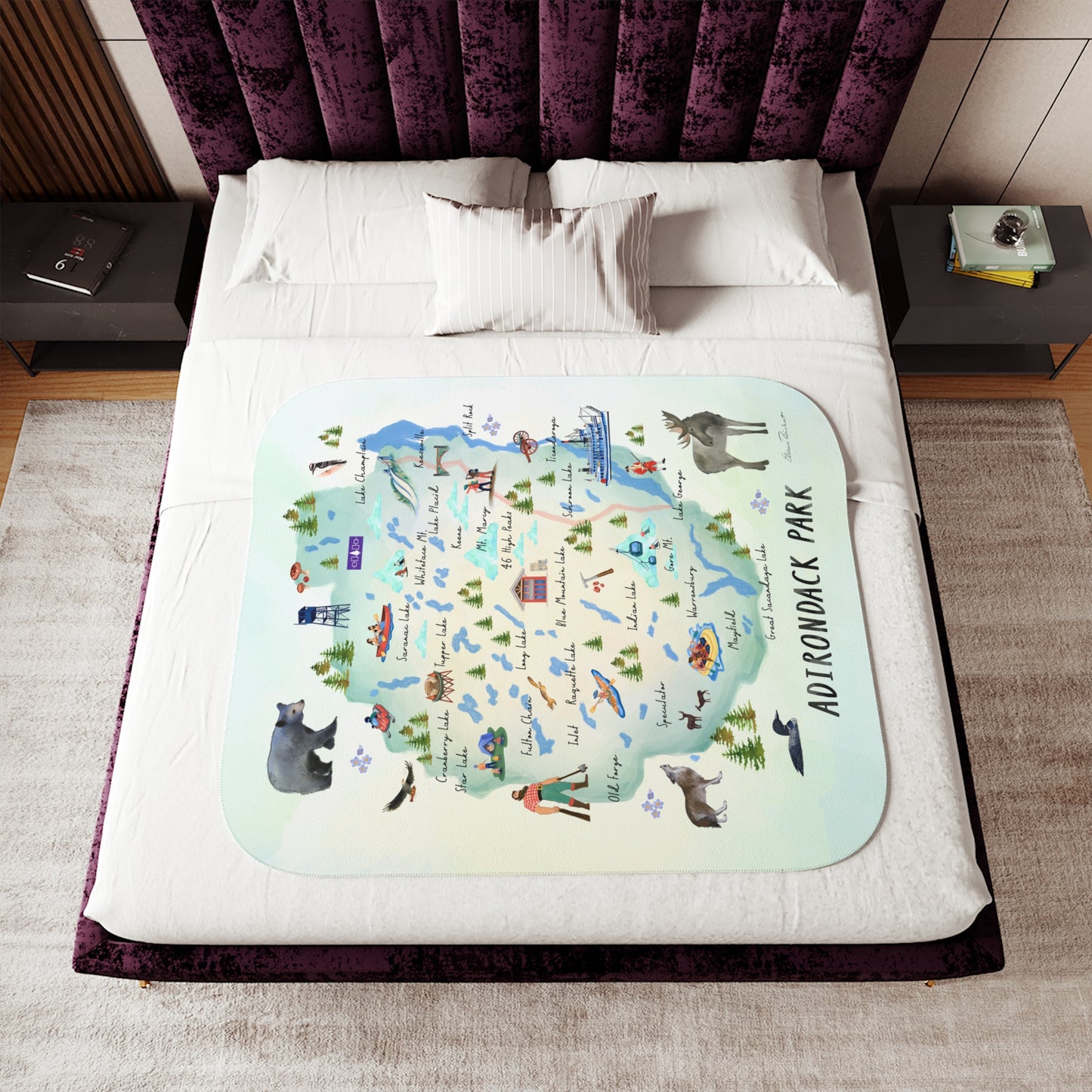 Adirondack Park, Watercolor Map, Double Layer Sherpa Blanket - Hand Painted Design - Made in the USA