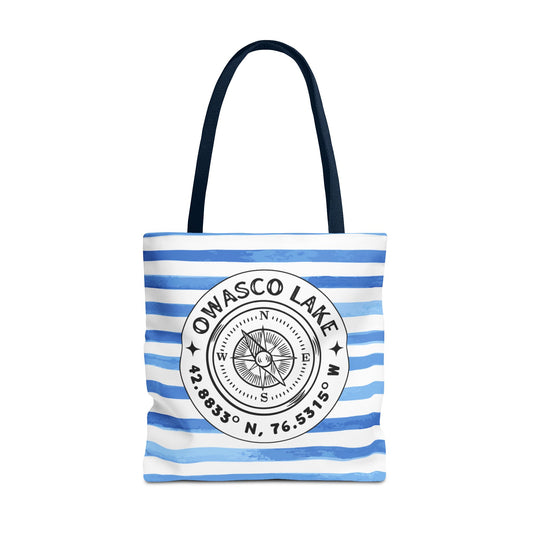 Owasco Lake NY Compass, Blue Cabana Stripe, XL Tote Bag