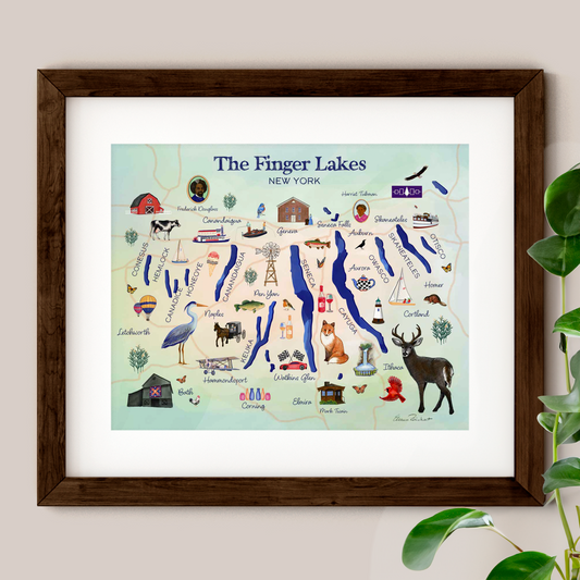 Finger Lakes NY Illustrated Map, Hand Painted Illustration - Fine Art Print - Made in the USA