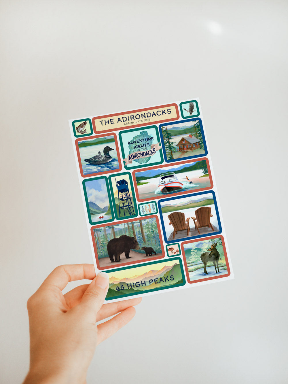 Adirondack Adventure Scenes Grid Watercolor Illustration Folded Notecard Set - Pack of 5