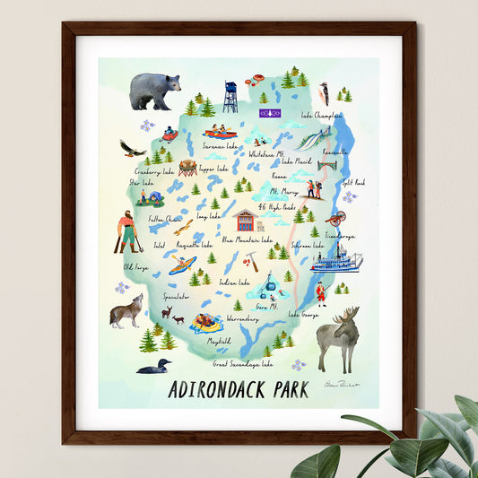 Adirondack Park, NY Hand Painted Map Illustration - Fine Art Print - Made in the USA