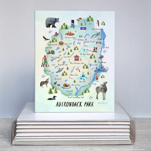 Adirondack Park, Hand Painted Map, Folded Notecard Set 5, Made in the USA