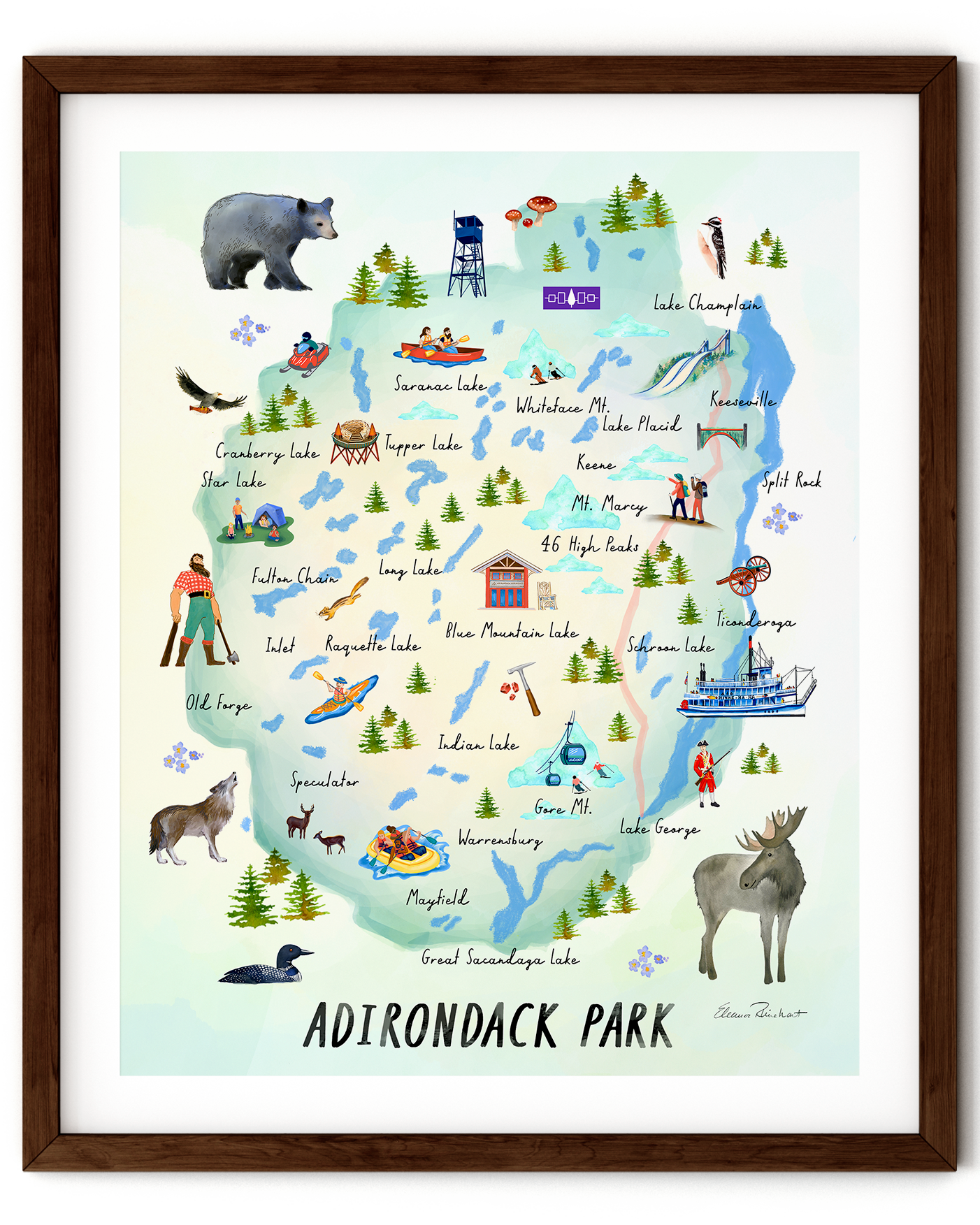 Adirondack Park, NY Hand Painted Map Illustration - Fine Art Print - Made in the USA