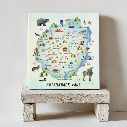 Adirondack Map Ceramic Art Tile – Illustrated Coaster with Cork Backing