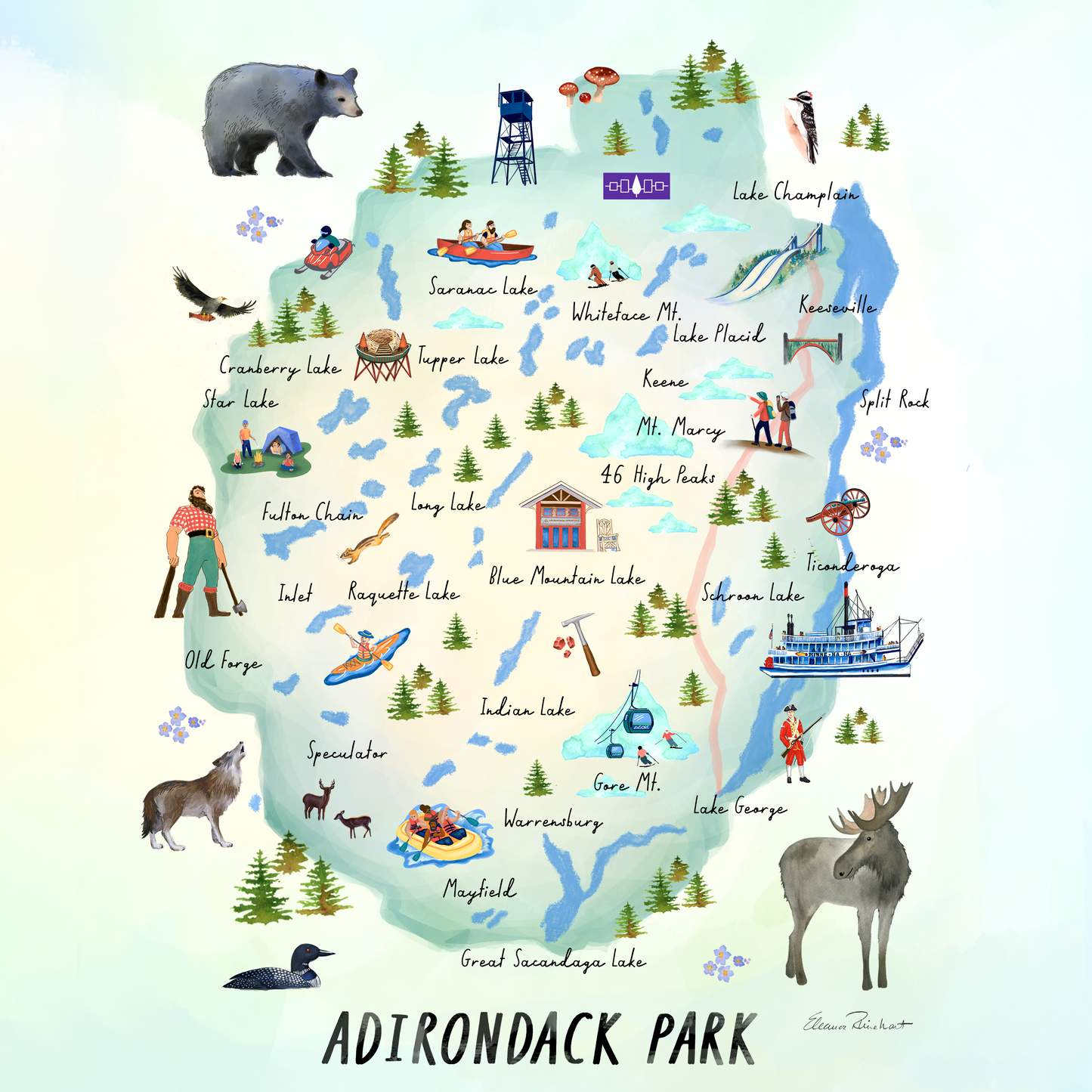 Adirondack Park Framed Mini Print of Hand Painted Watercolor Map, 4x4 in 8x8 Frame, Made in the USA