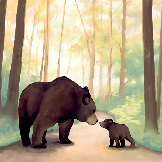 Mother and Cub Black Bears, Adirondack Park Framed Mini Print, Hand Painted Watercolor, 4x4 in 8x8 Frame, Made in the USA