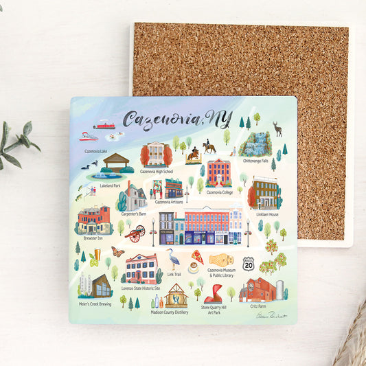 Cazenovia, NY Map Ceramic Art Tile – Illustrated Coaster with Cork Backing