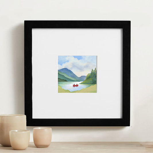 Red Canoe, Adirondack Park Framed Mini Print, Hand Painted, 4x4 in 8x8 Frame, Made in the USA