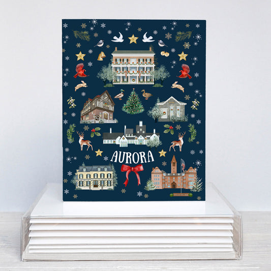 Aurora, NY Folk Art Christmas Folded Cards - Navy