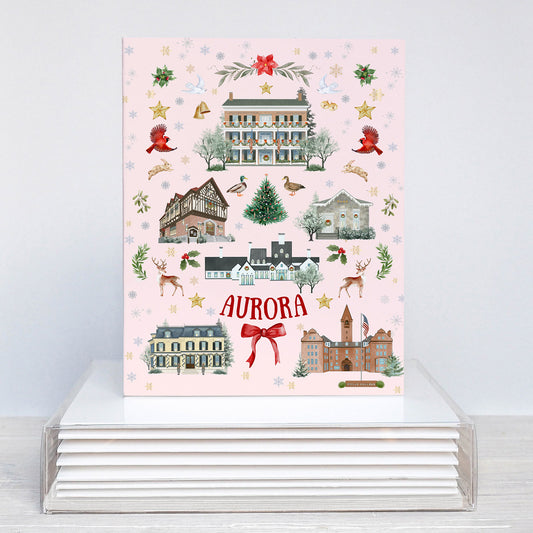 Aurora, NY Folk Art Christmas Folded Cards - Pink