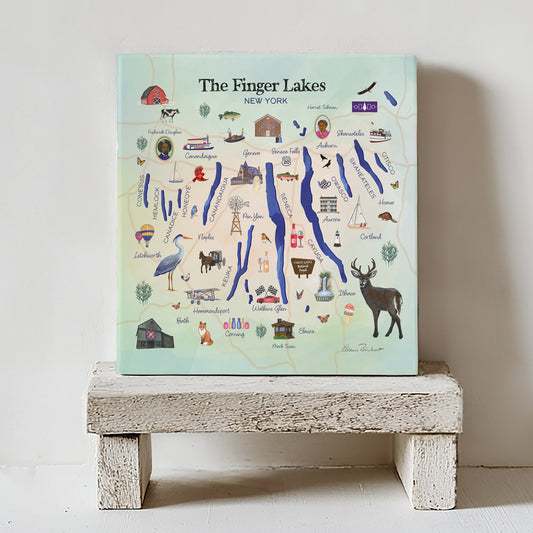 The Finger Lakes Map Ceramic Art Tile – Illustrated Coaster with Cork Backing