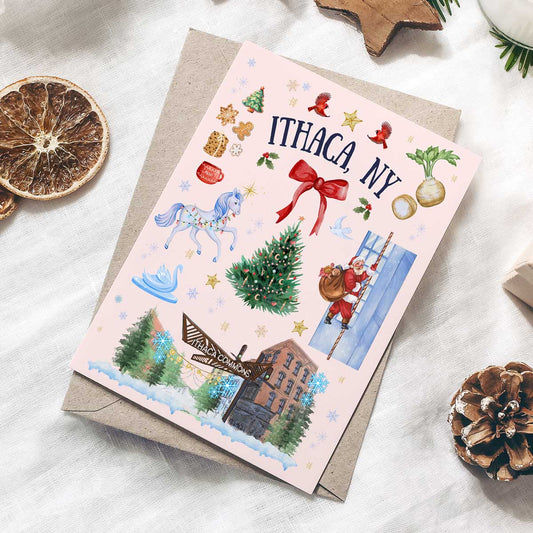 Ithaca, NY Folk Art Christmas Folded Cards PINK