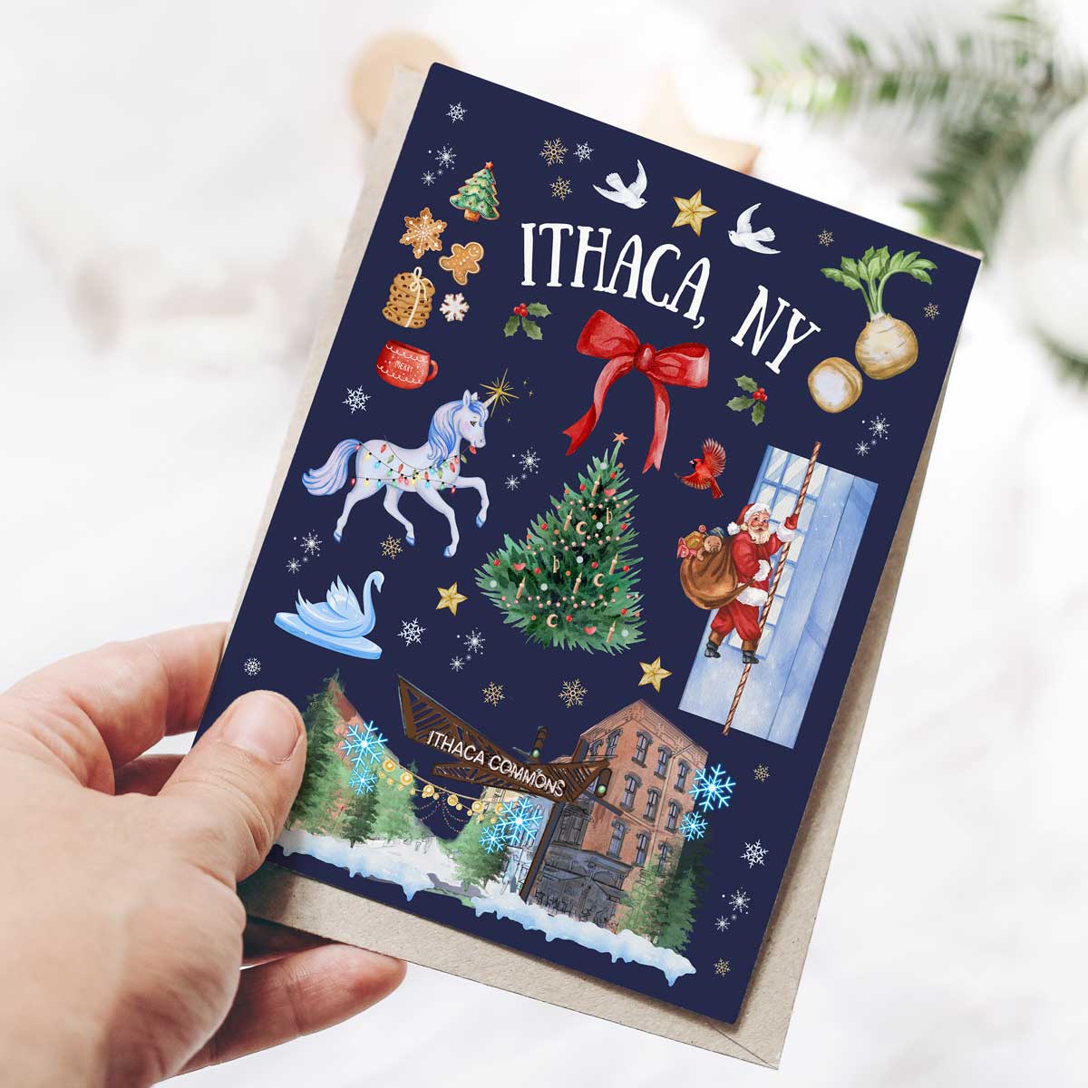 Ithaca, NY Folk Art Christmas Folded Cards NAVY