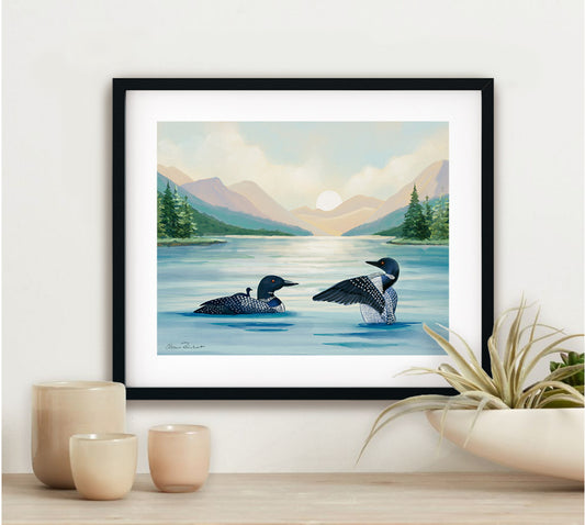 Loons, Adirondack Park, NY Sunset, Hand Painted Illustration - Fine Art Print - Made in the USA