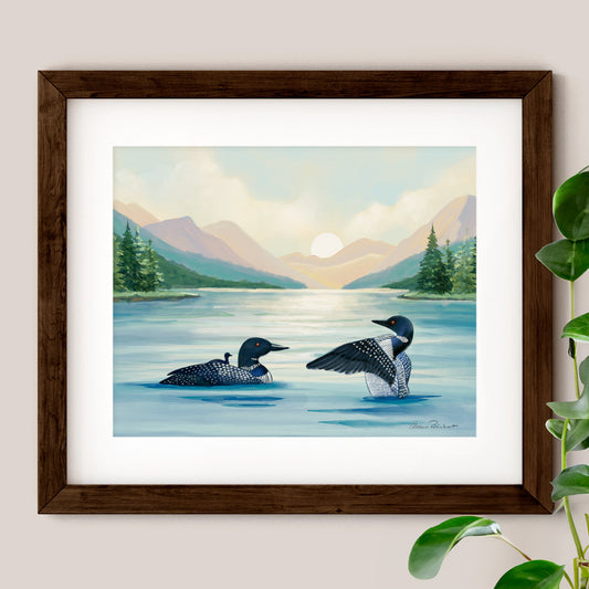 Loons, Adirondack Park, NY Sunset, Hand Painted Illustration - Fine Art Print - Made in the USA
