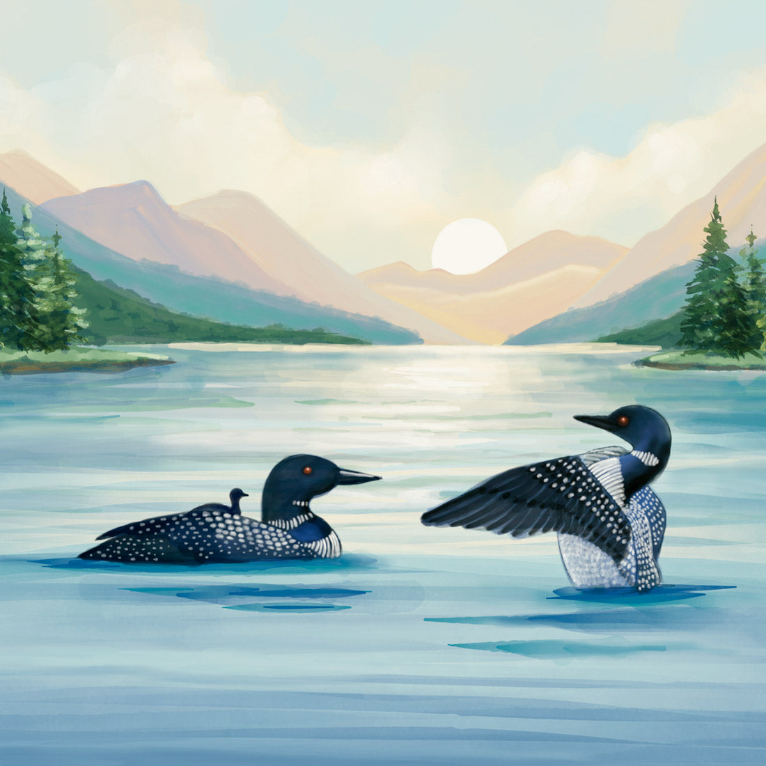 Loons Birds, Adirondack Park Framed Mini Print, Hand Painted Watercolor, 4x4 in 8x8 Frame, Made in the USA