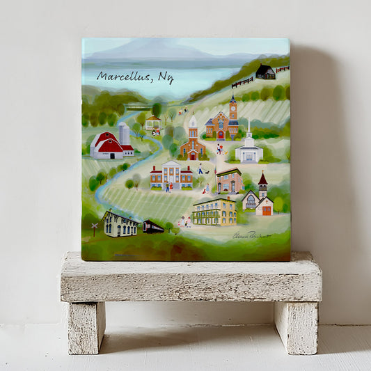 Marcellus, NY Map Ceramic Art Tile – Illustrated Coaster with Cork Backing