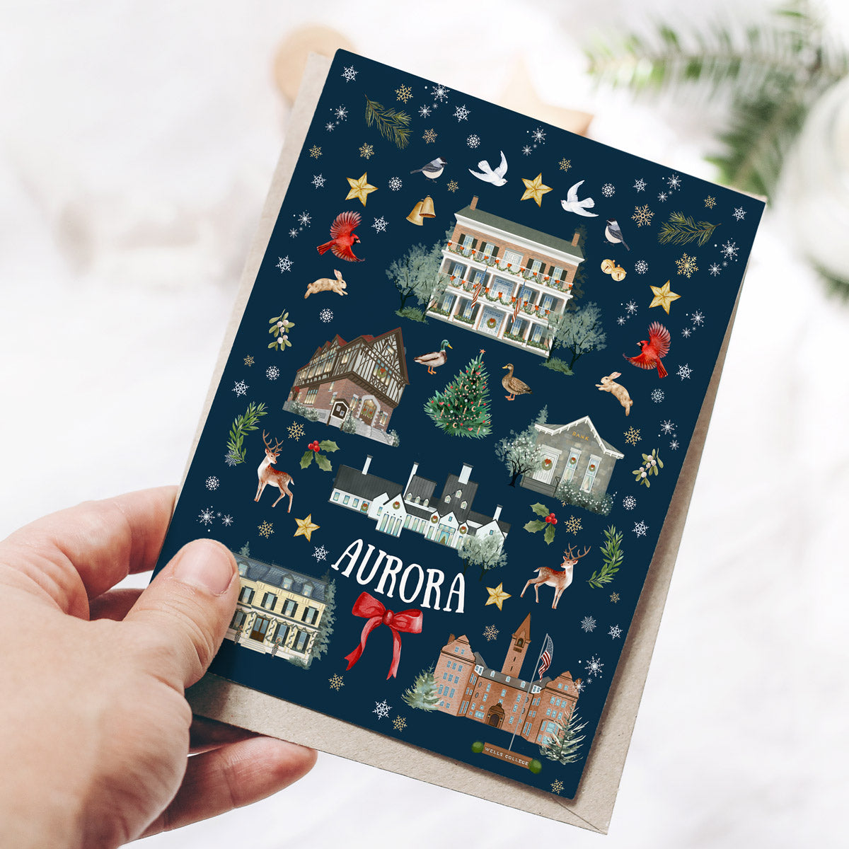 Aurora, NY Folk Art Christmas Folded Cards - Navy