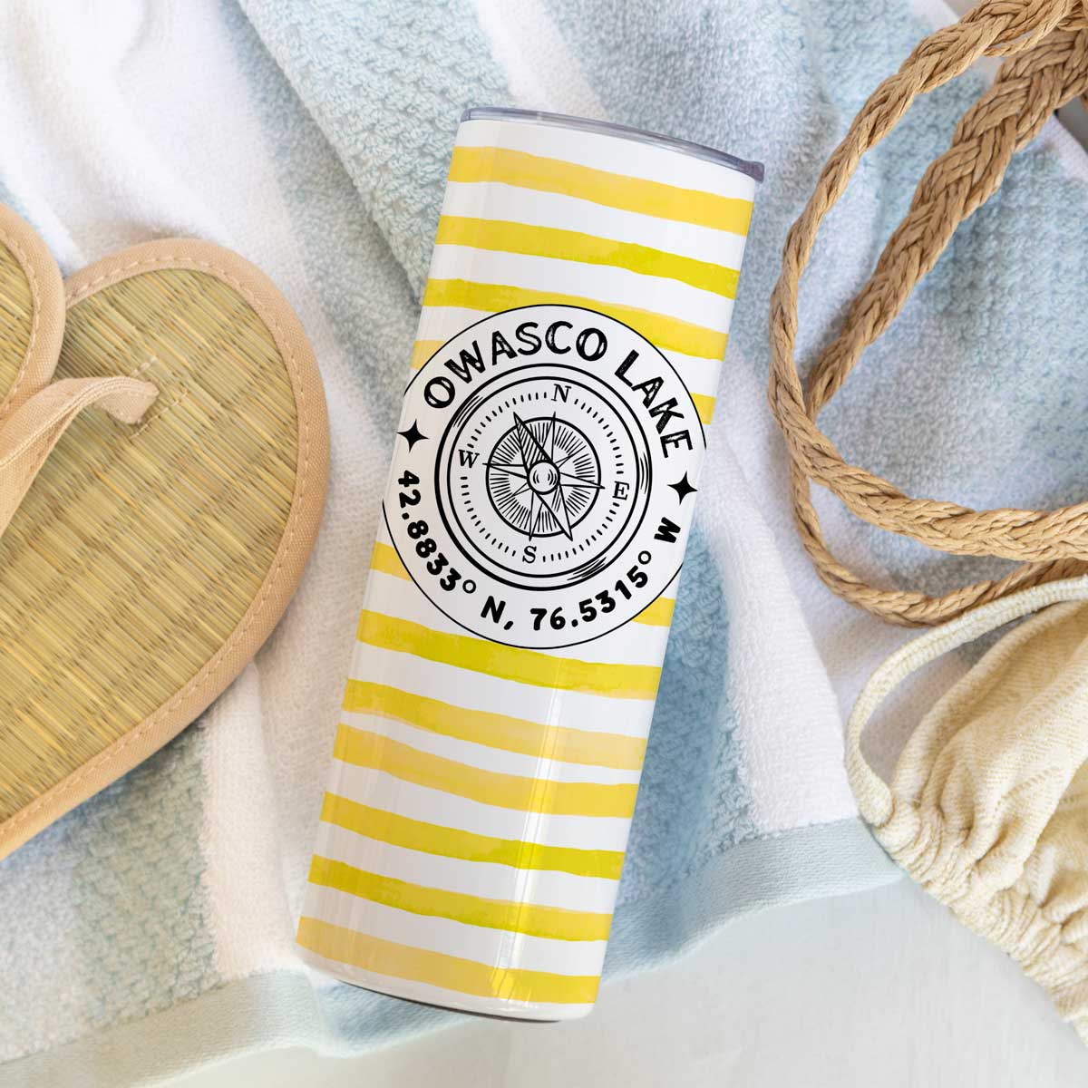 Owasco Lake Yellow Cabana Stripe Skinny Stainless Steel Hot or Cold Tumbler