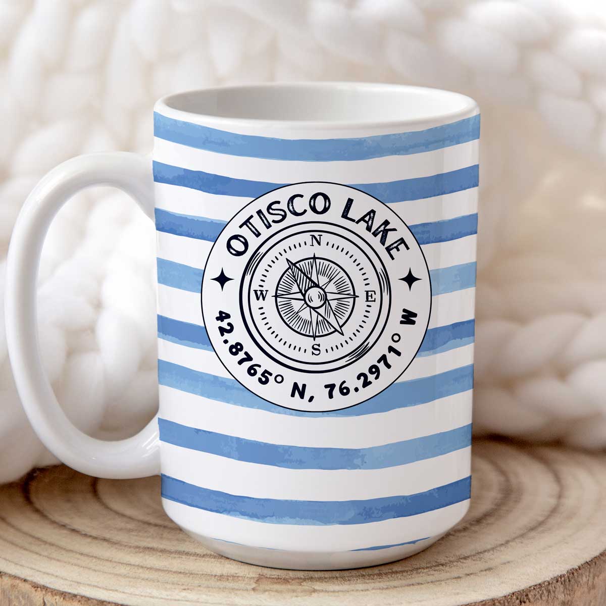 Cabana Stripe Compass Rose, Customized with your favorite lake - 15oz Mug