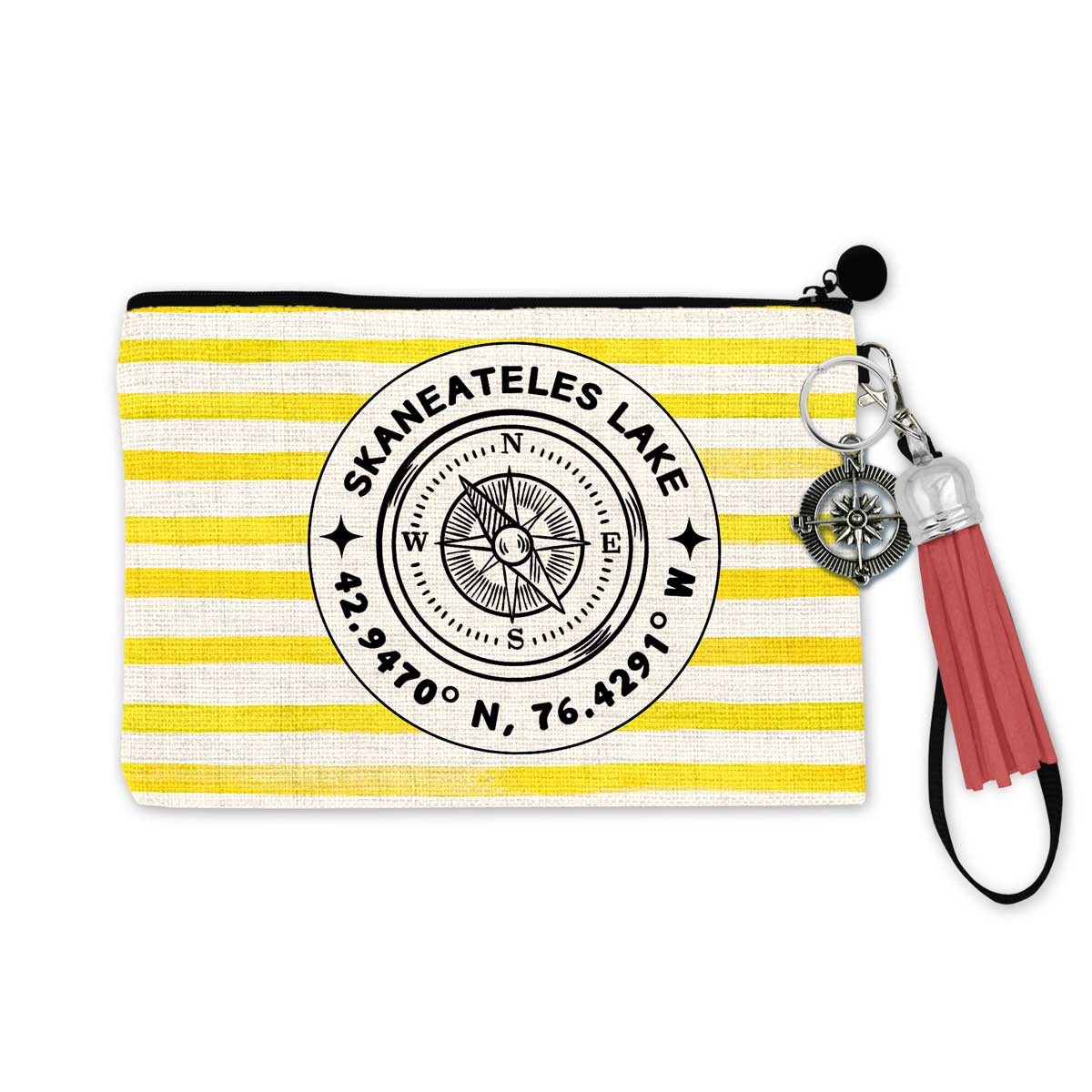 Skaneateles Lake Yellow Cabana Stripe Zipper Accessory Pouch with Tassel