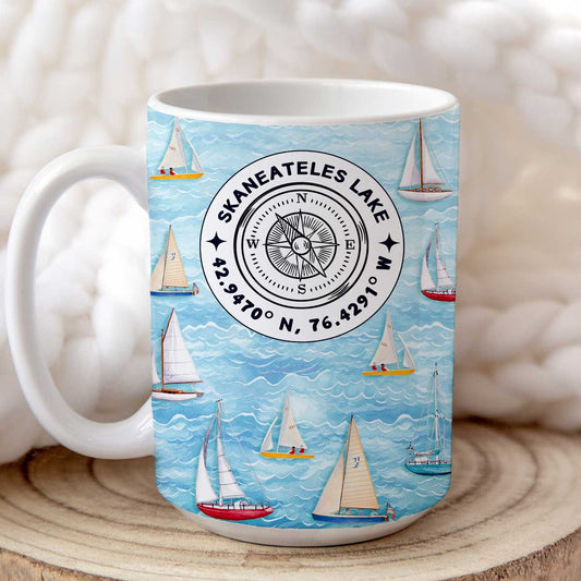 Sailboats Compass Rose, Customized with your favorite lake - 15oz Mug