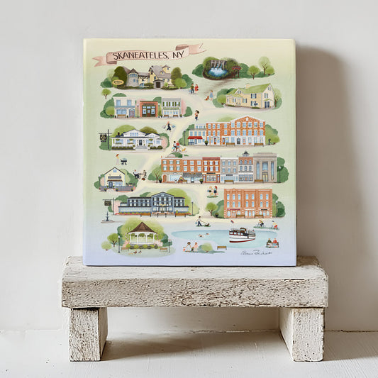 Skaneateles, NY Map Ceramic Art Tile – Illustrated Coaster with Cork Backing