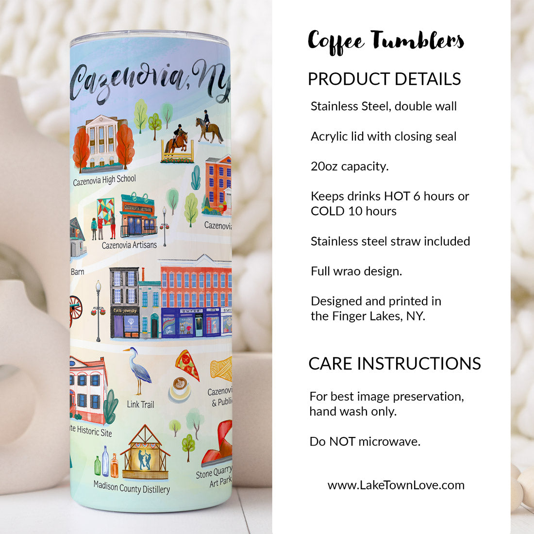 Cazenovia, NY Landmarks Skinny Coffee Stainless Steel Tumbler 20oz