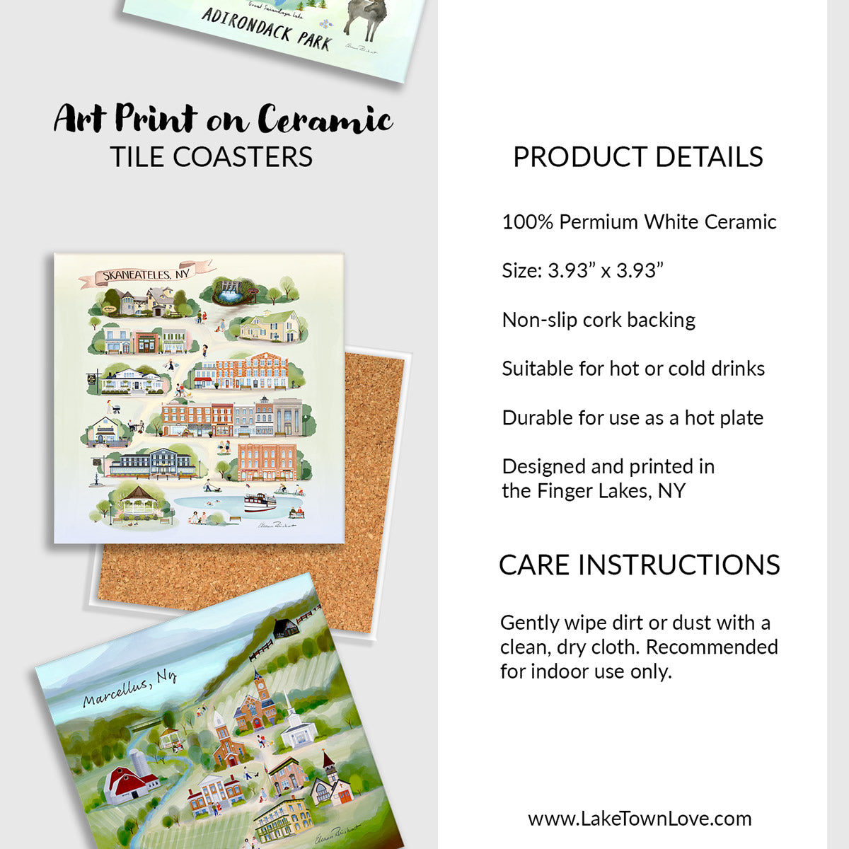 The Finger Lakes Map Ceramic Art Tile – Illustrated Coaster with Cork Backing