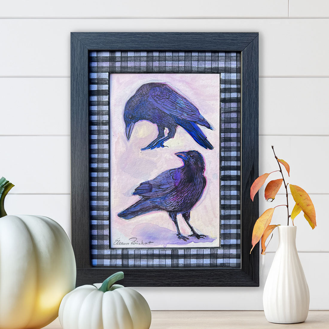 Two Crows — Original Watercolor with Hand-Painted Mat, Black Wood Frame (3.5" x 5.5")