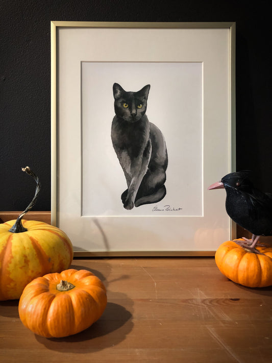 Black Cat Art Print, Halloween Decor