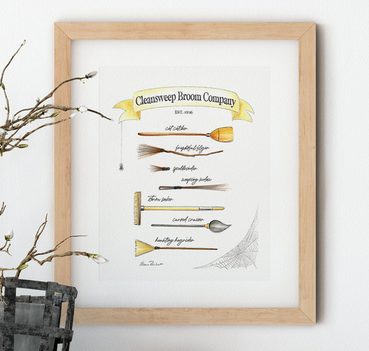 Cleansweep Broom Company Art Print, Witches' Brooms Halloween Decor