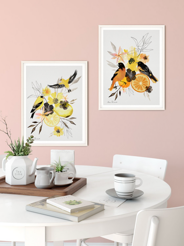 Orioles, Oranges and Blooms Modern Watercolor Art Print