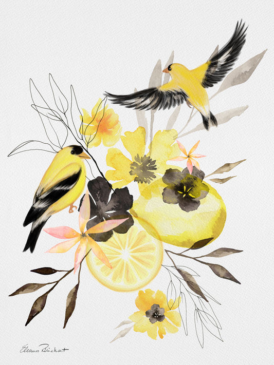 Goldfinch, Lemon and Blooms Modern Watercolor Art Print
