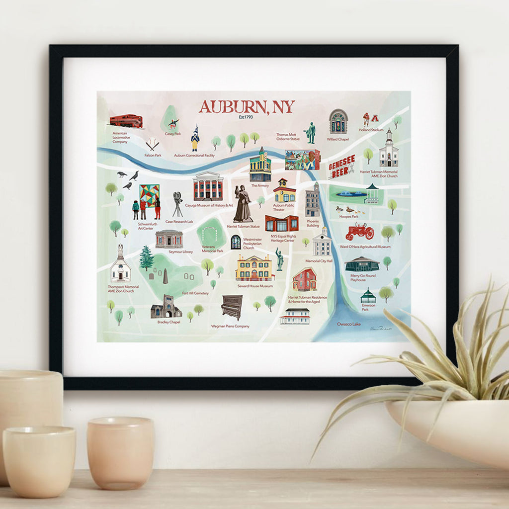 Auburn, NY illustrated map in a frame