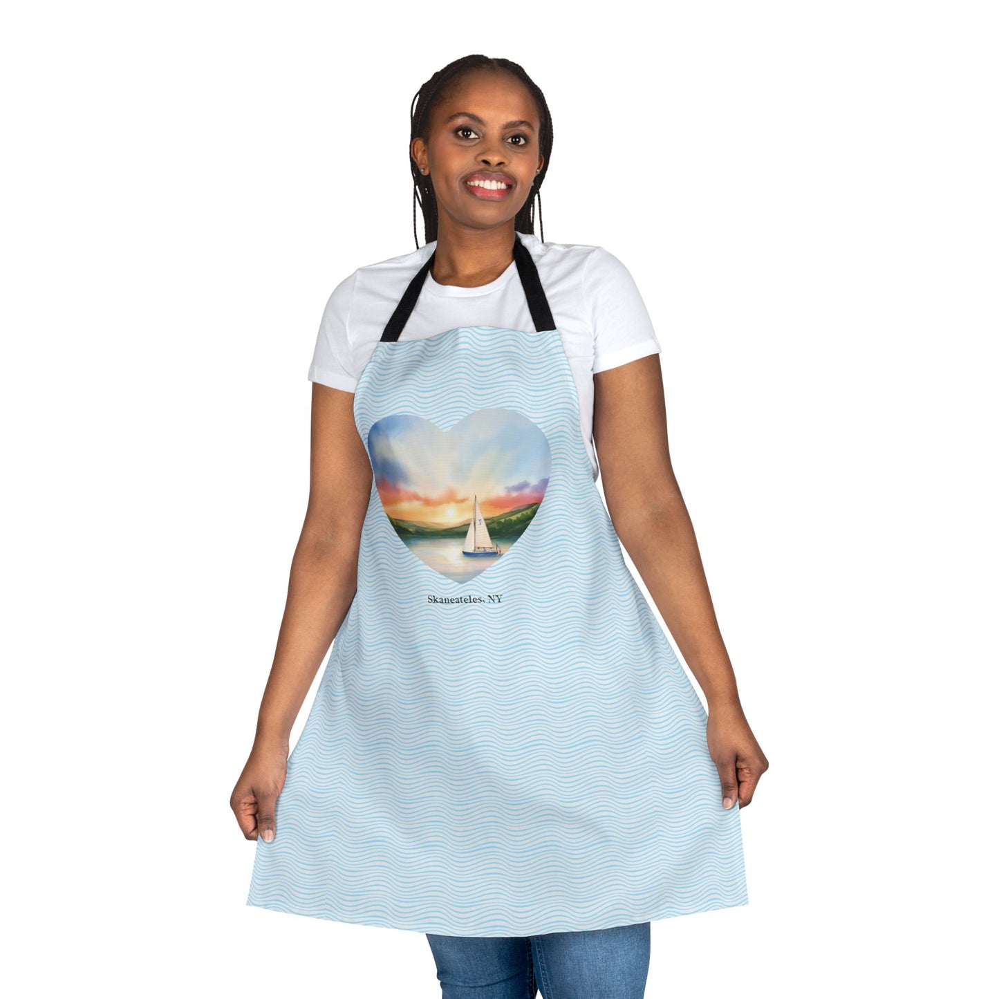 Skaneateles NY Sunrise Sailboat Apron with Heart Design - Perfect for Lake Lovers, Chefs, and Home Cooks