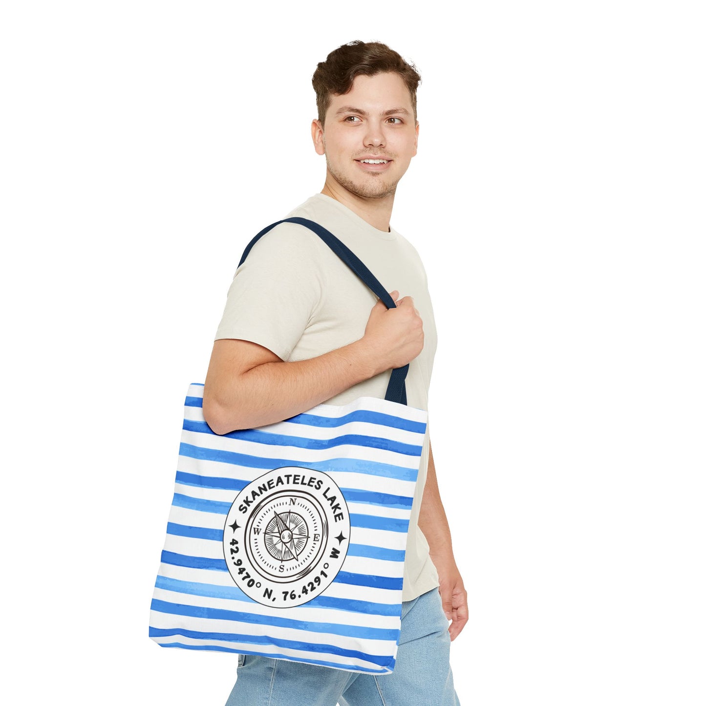 Skaneateles NY Compass, Blue Cabana Stripe, XL Tote Bag