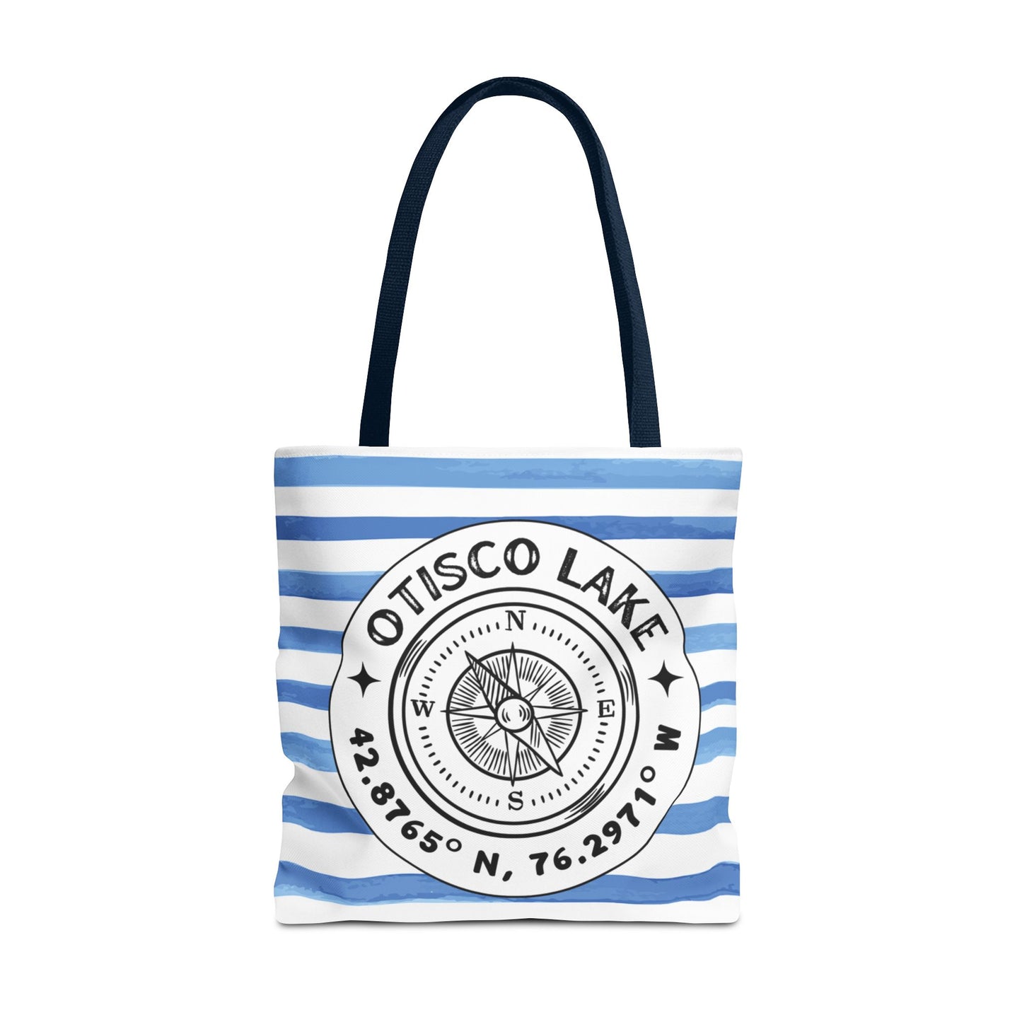 Otisco Lake NY Compass, Blue Cabana Stripe, XL Tote Bag