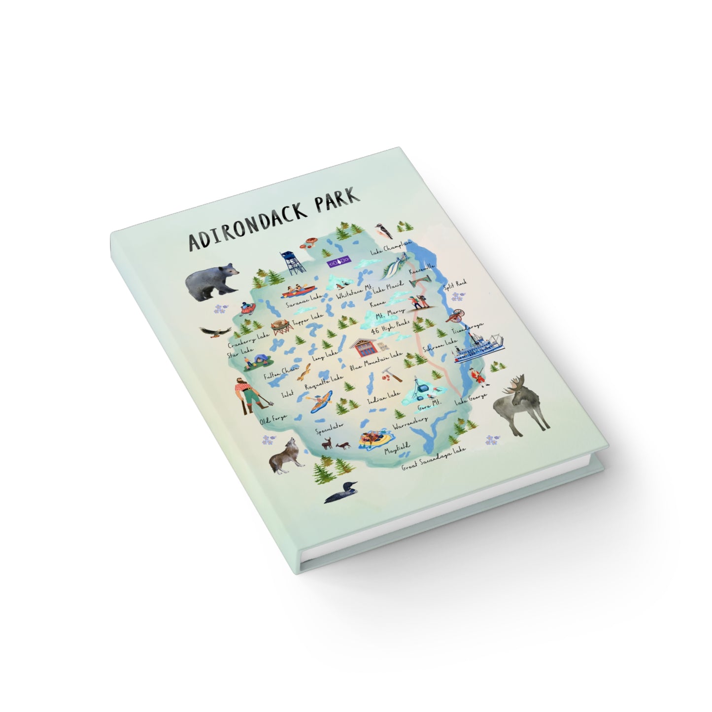 Adirondack Park Watercolor Map Illustrated Journal - Explore Nature and Adventures - Made in the USA